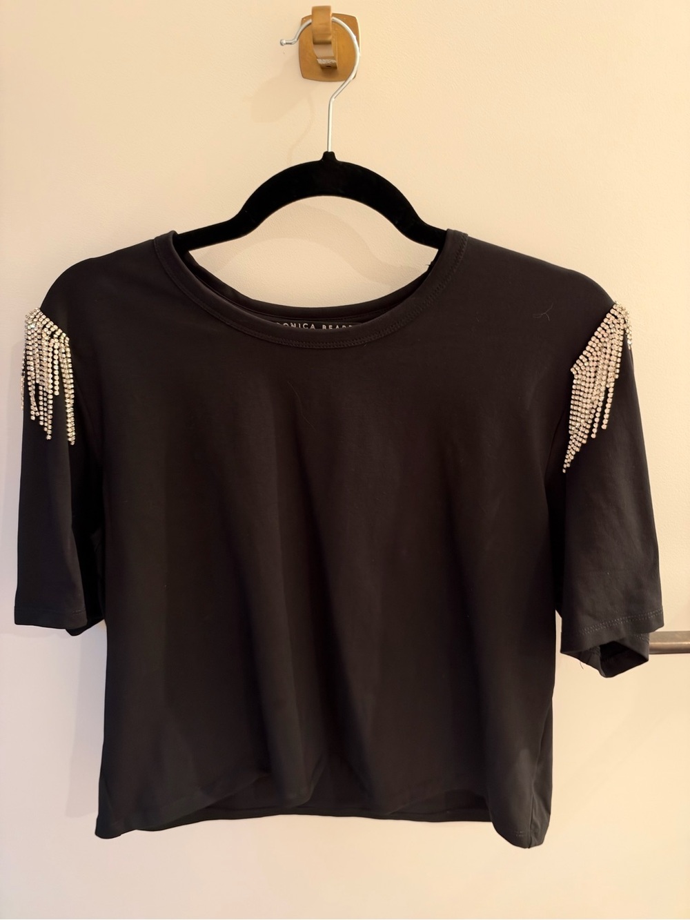 Veronica Beard Black Short Sleeve Top with Rhinestone Shoulder Fringe